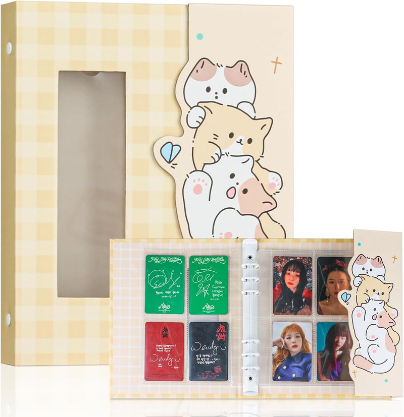 baskiss A5 Kpop Photocard Binder with 30 4-Pocket Pages and One Divider, Cute 120 Pockets 6 Ring Card Holder Album Snug Fit for Standard Idol Photocards, Polaroids, Photos (Yellow Kitten) - Image 1